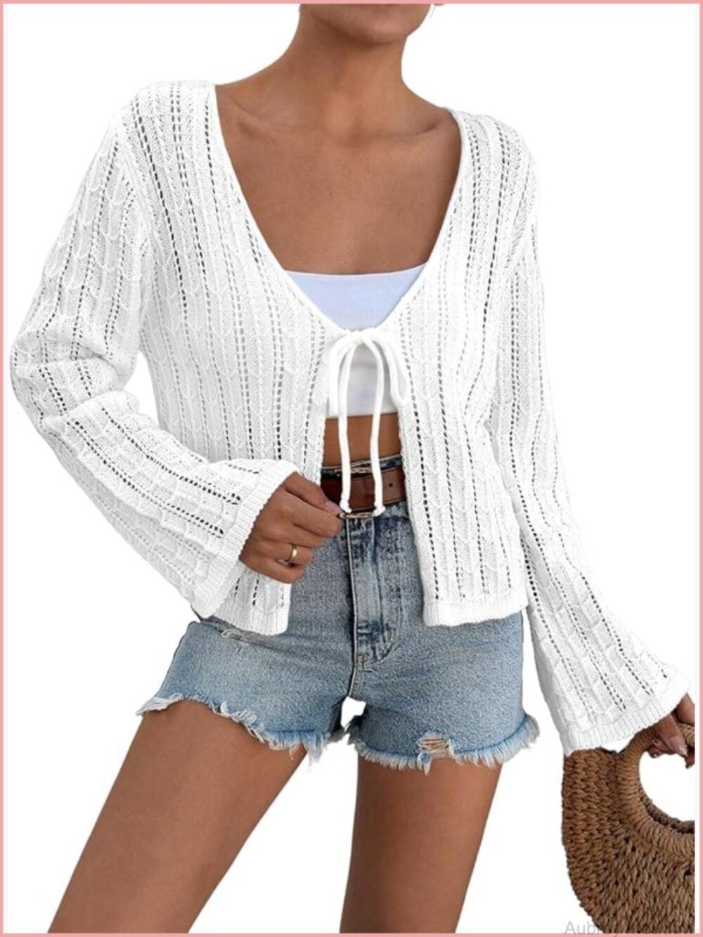 Solid V-Neck Bow Tie Cardigan Knit Shrugs Sweater Long Sleeve